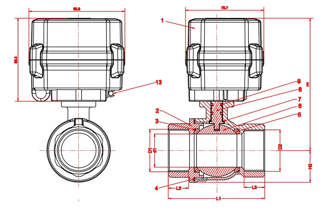1-1/2′′ DC12V 2 Way SS304 NPT NSF Motorized Ball Valve