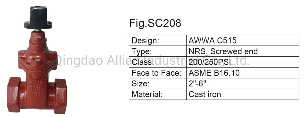 Cast Iron Gate Valve, Awwa C515 Resilient Seated Gate Valve Non Rising Stem, Screwed End 200/250psi