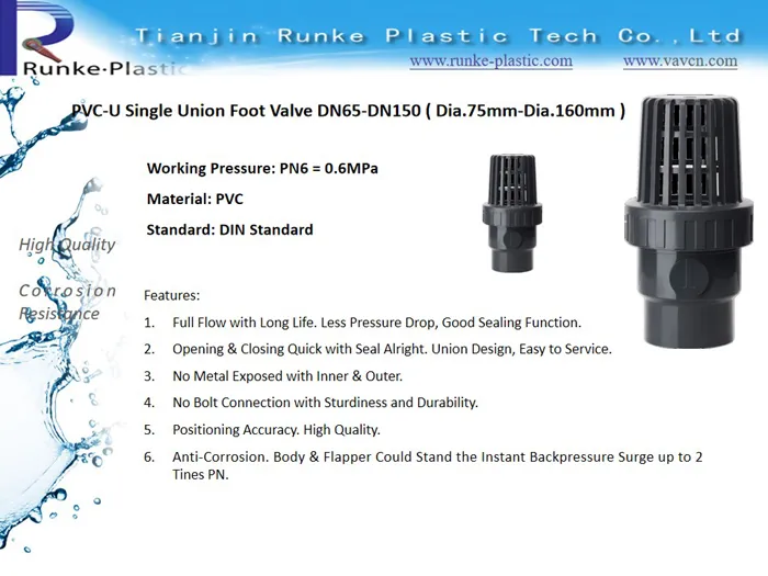 High Quality Plastic Foot Valve DN65-DN150 PVC Single Union Foot Valve UPVC Bottom Valve Single Union UPVC Pipe Foot Valve for Water Pn6