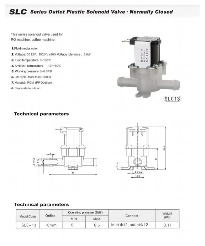 SLC Series Inlet Plastic Solenoid Valve Normally Closed