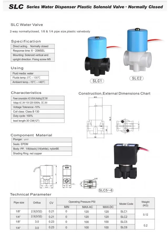 SLC Series Inlet Plastic Solenoid Valve Normally Closed