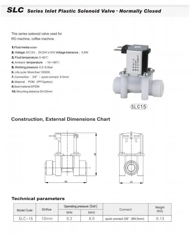 SLC Series Inlet Plastic Solenoid Valve Normally Closed