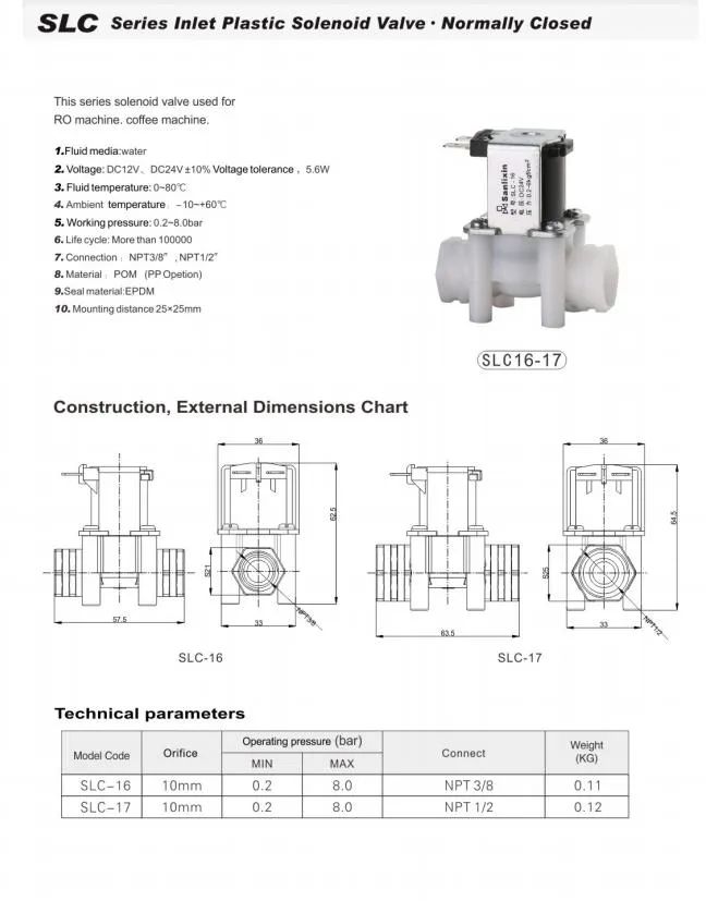SLC Series Water Dispenser Plastic Solenoid Valve Normally Closed
