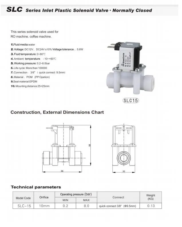 SLC Series Water Dispenser Plastic Solenoid Valve Normally Closed