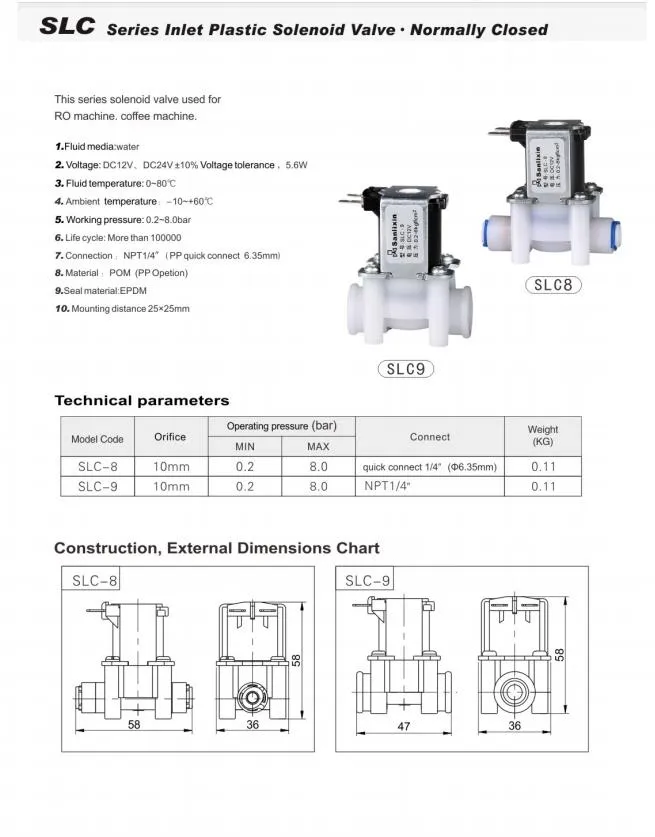 SLC Series Water Dispenser Plastic Solenoid Valve Normally Closed